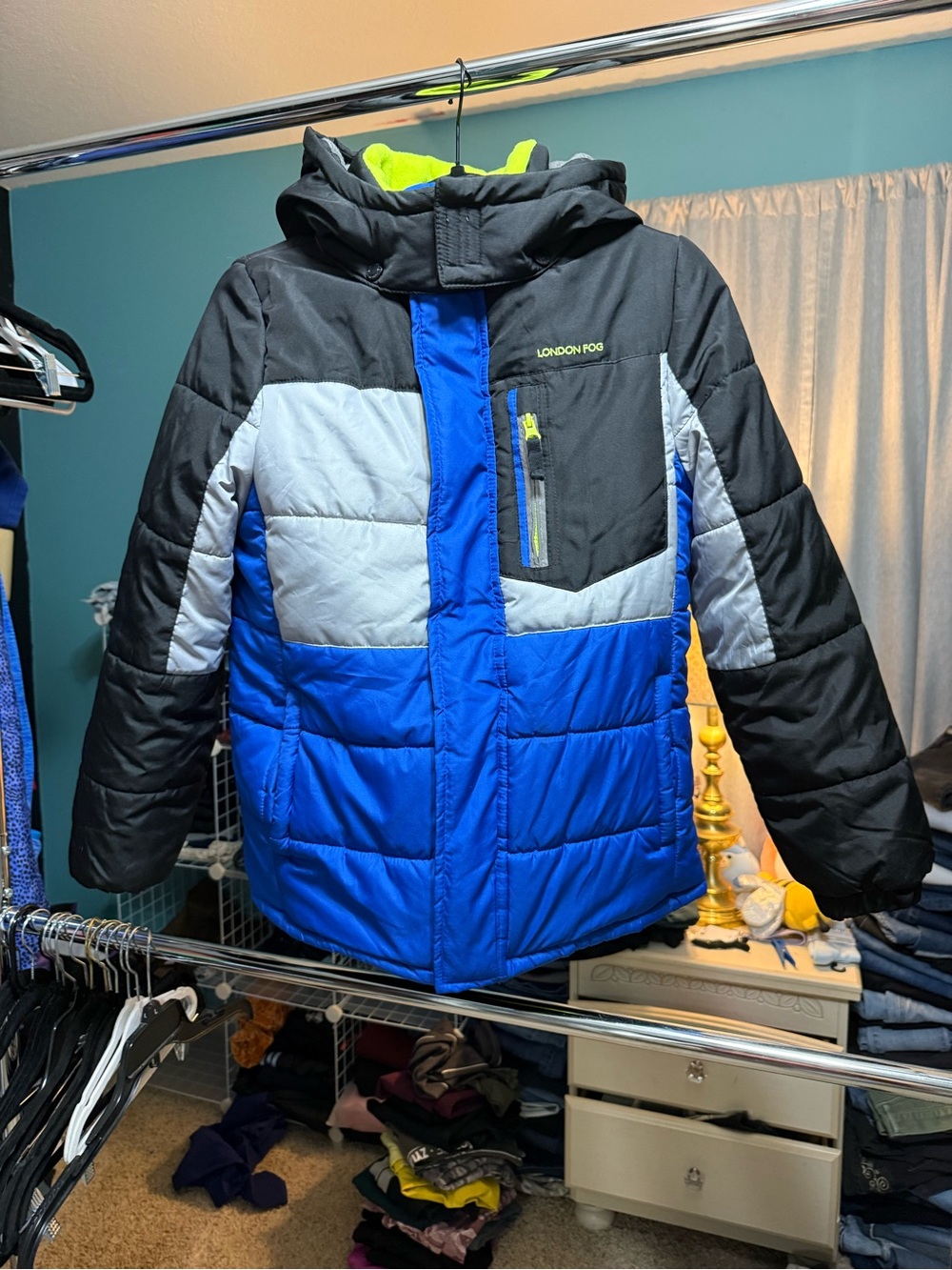 London Fog Boys L 14-16 Colorblock Puffer Winter Jacket Hooded Fleece Lined